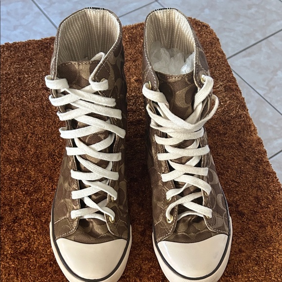 Coach Tan Patterned High-Top Sneakers - Picture 1 of 8